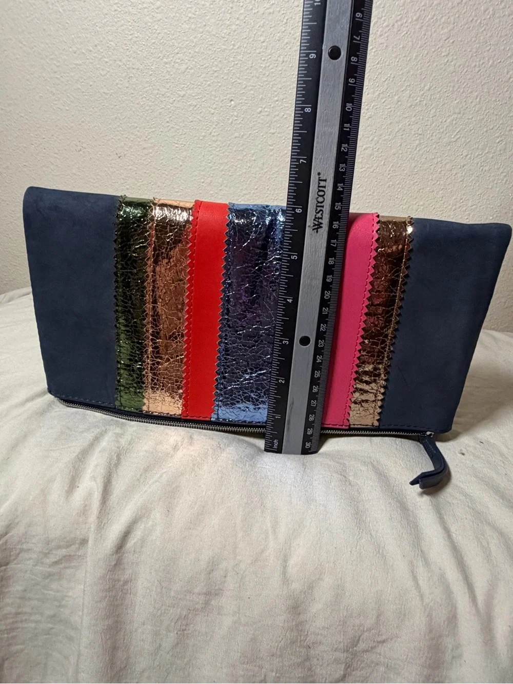 Stella & Dot Navy Multicolor Metallic Stripe Foldover Clutch Bag